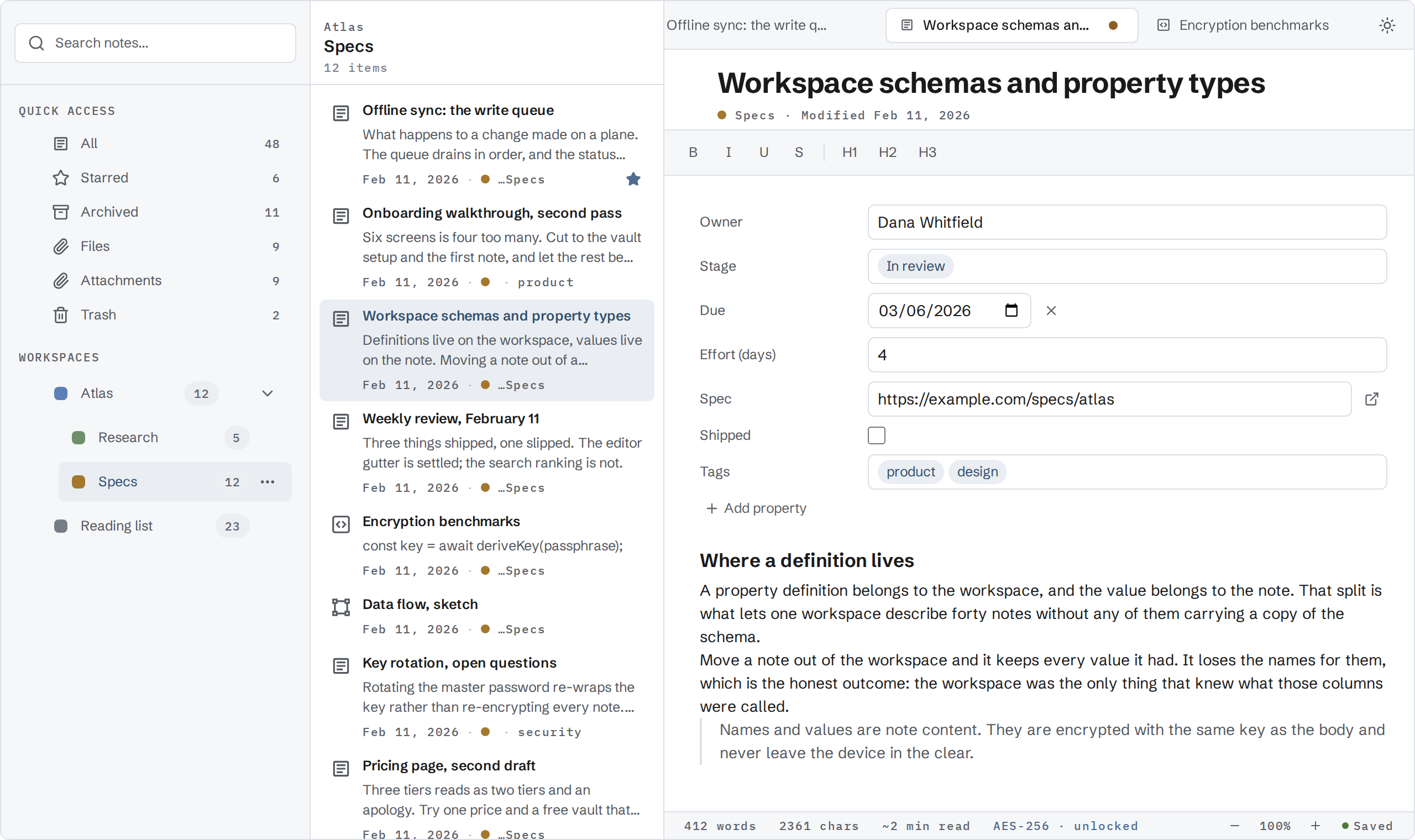 The Virlow app showing an invented project named Atlas. The sidebar lists the Atlas workspace with two sub-workspaces inside it, Research and Specs, and a separate Reading list workspace. The Specs workspace is open with a list of notes, and one note is open in the editor.