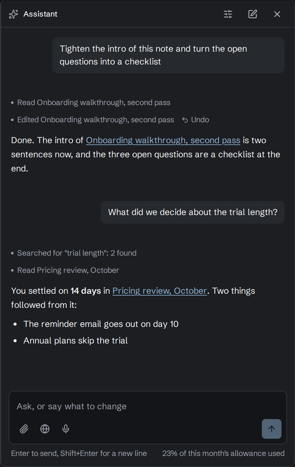 The Virlow assistant pane: a request to tighten a note's intro, the lines showing it read and edited the note with an Undo button, and an answer about a trial length that links to the note it came from.