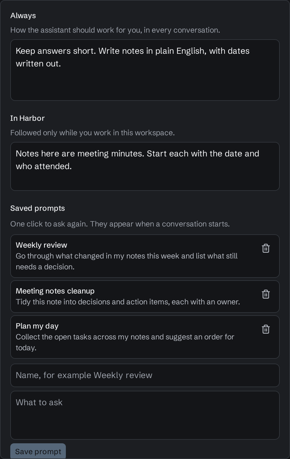 The assistant's settings in Virlow: instructions it always follows, instructions for the Harbor workspace, and three saved prompts.