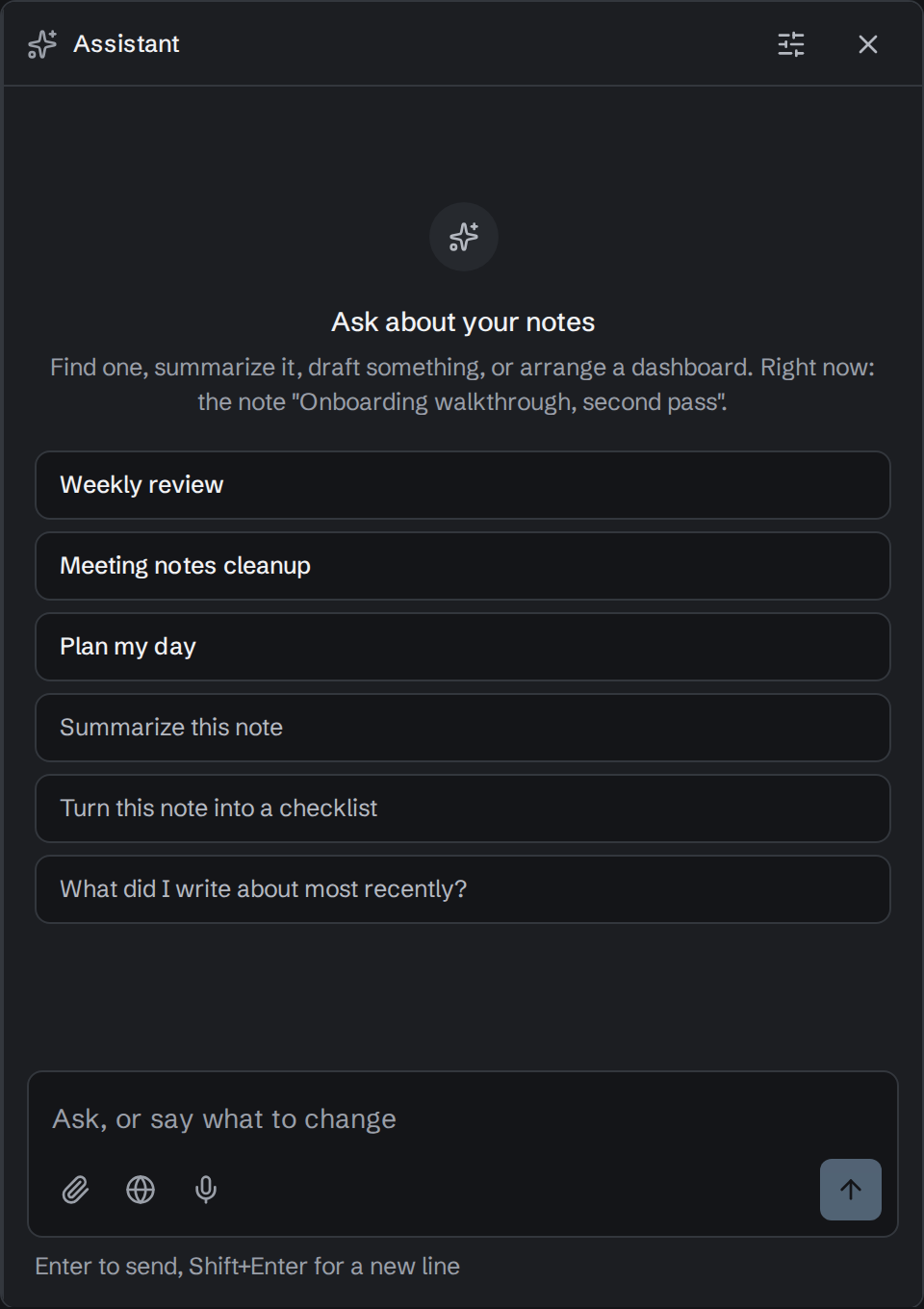 The assistant pane before the first question: saved prompts and starter questions, above an input with buttons to attach a file, search the web and dictate.