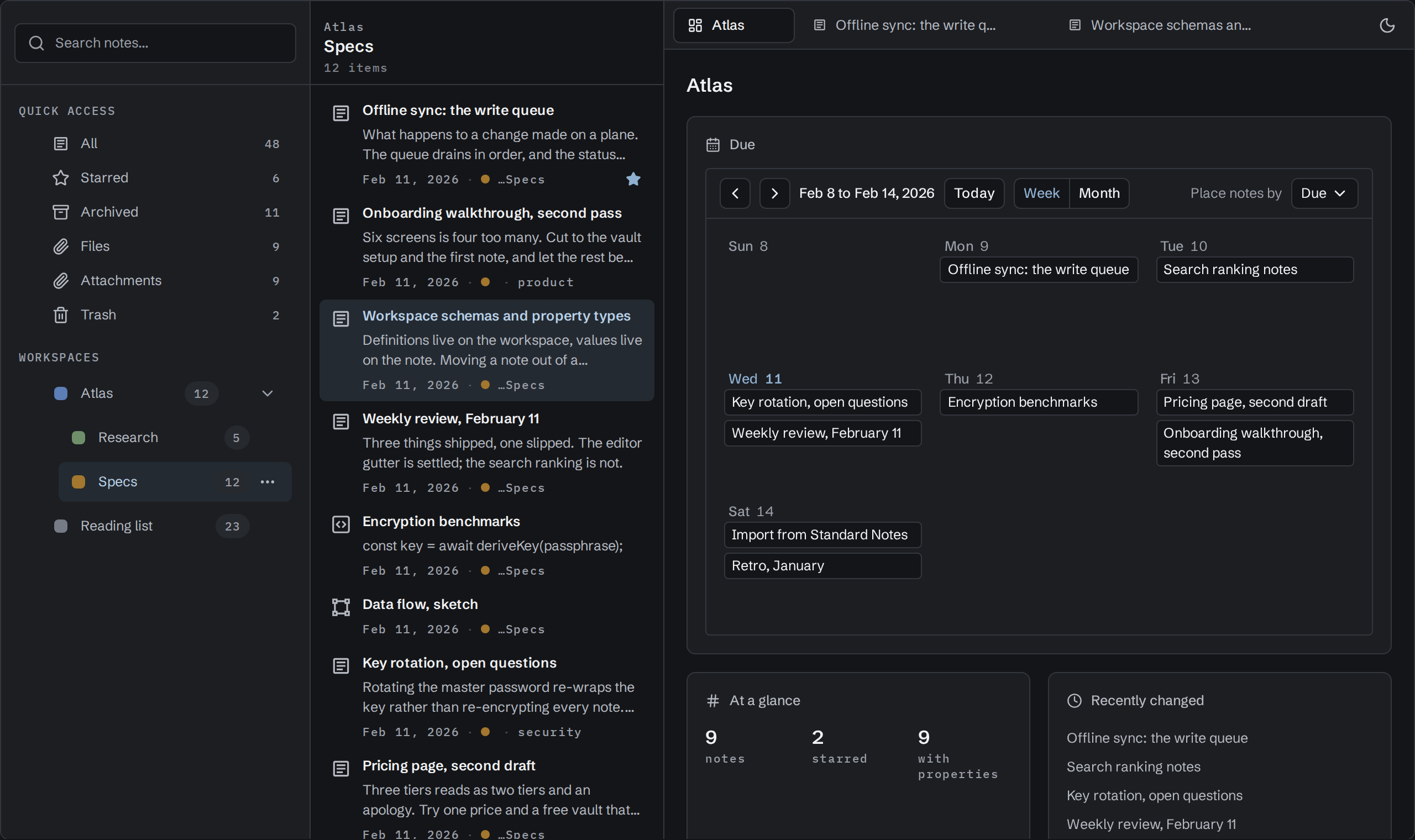 Virlow showing a workspace dashboard: the sidebar and note list beside a week of notes on the days they are due, a count of notes and starred notes, and a list of what changed recently.