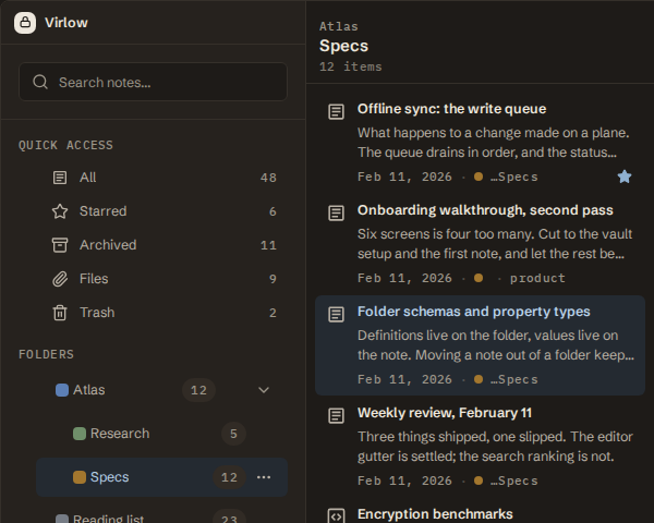 Detail of Virlow's Search notes field, All, Starred, Archived and Files views, plus the Atlas project folders and note list.