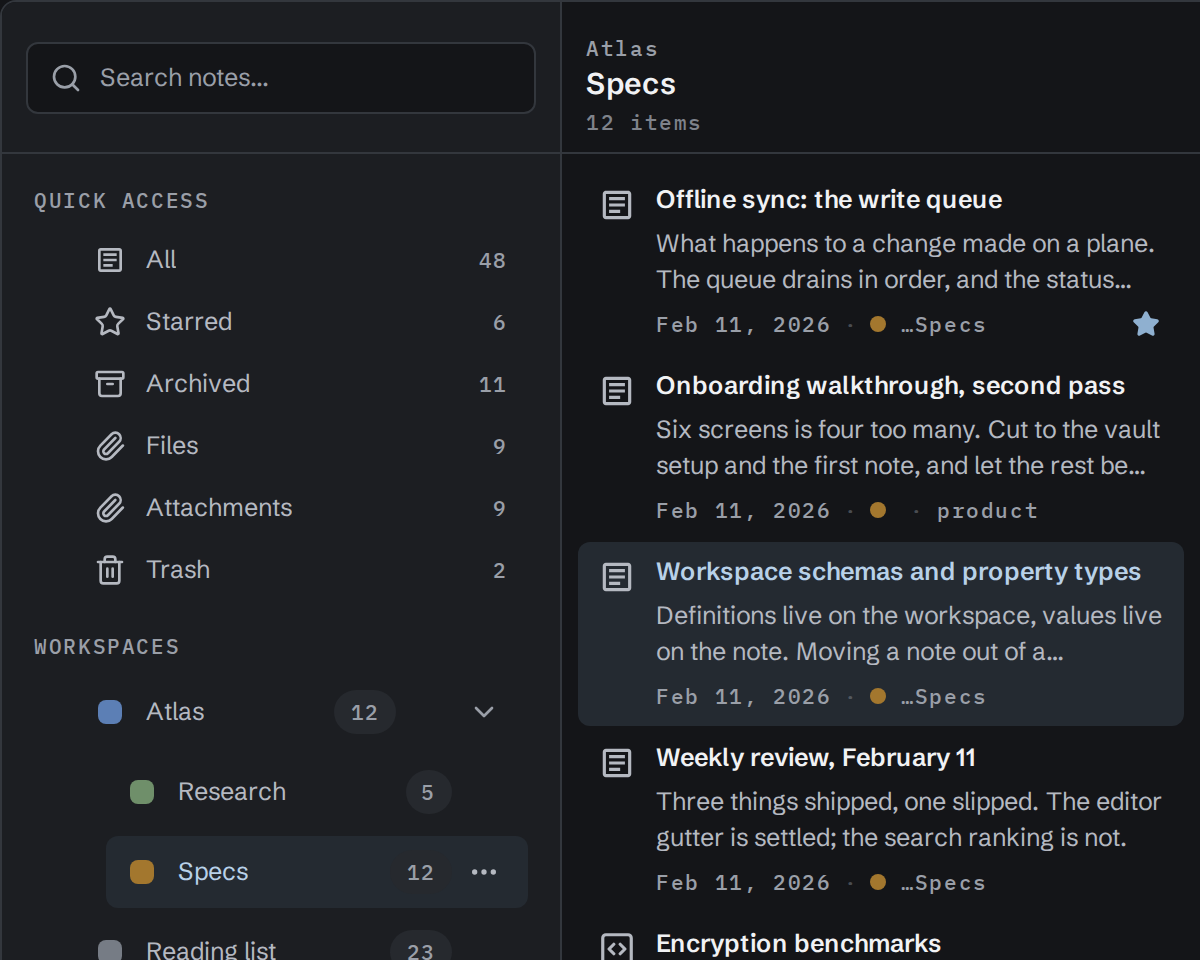 Detail of Virlow's Search notes field, All, Starred, Archived and Files views, plus the Atlas project workspaces and note list.