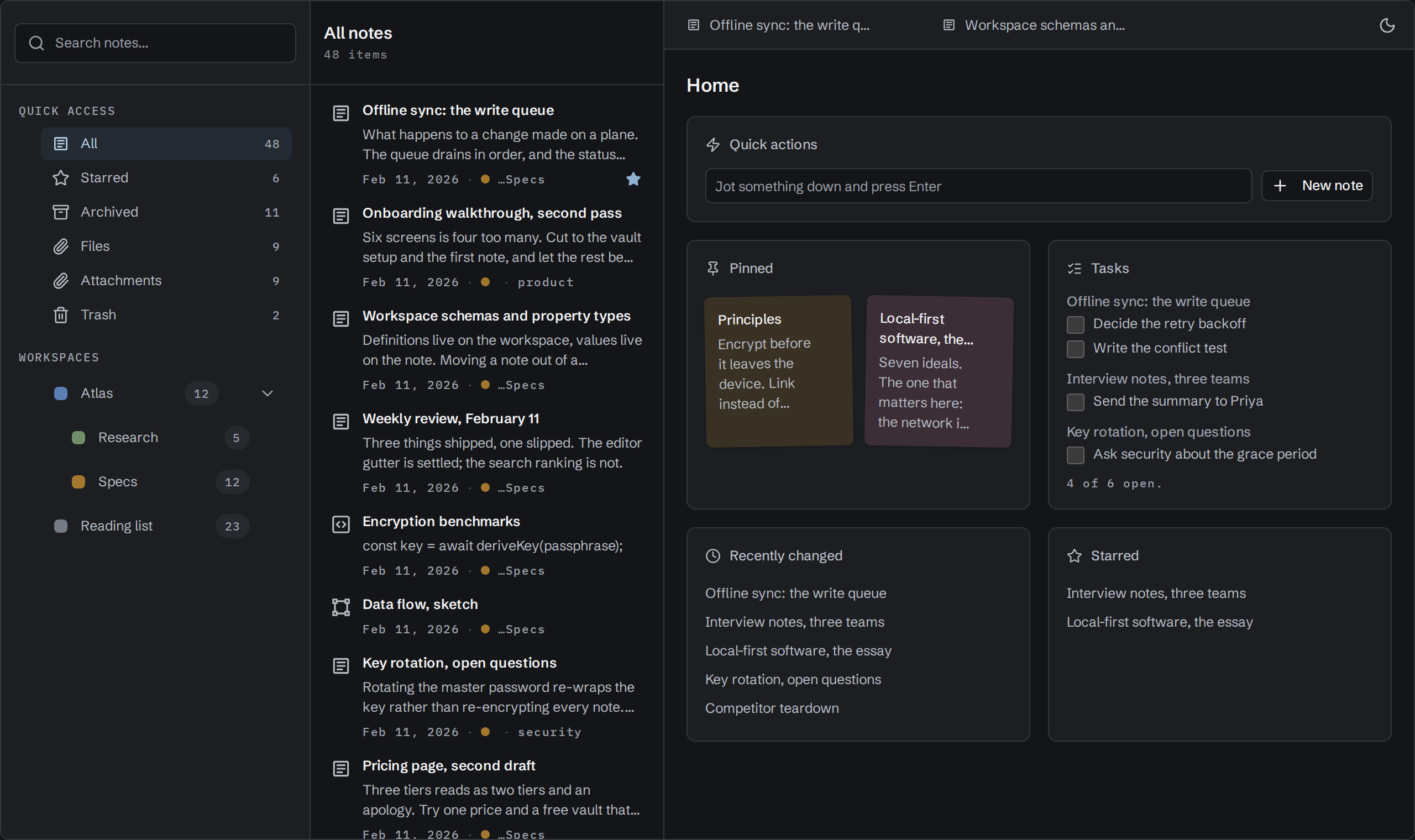 Virlow's Home with All notes selected: a line to jot a new note, two notes pinned as sticky notes, open tasks gathered from notes in different workspaces, and lists of recently changed and starred notes.