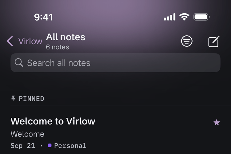 The top of the All notes list with the Accent glow: the accent color alone.