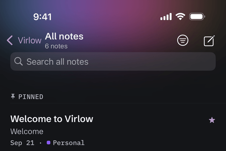 The top of the All notes list with the Aurora glow: the accent color mixed with its neighbors on the color wheel.