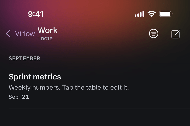 The top of the Work workspace’s note list, glowing in the workspace’s own red.