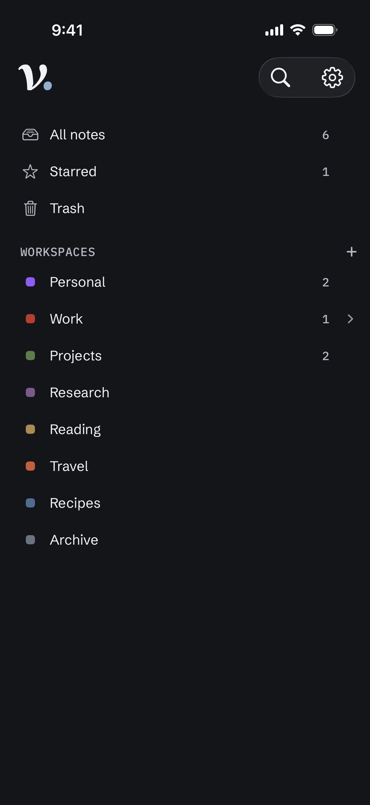 The Virlow home screen on iPhone: All notes, Starred and Trash, then workspaces from Personal and Work to Recipes and Archive, each with its own color.