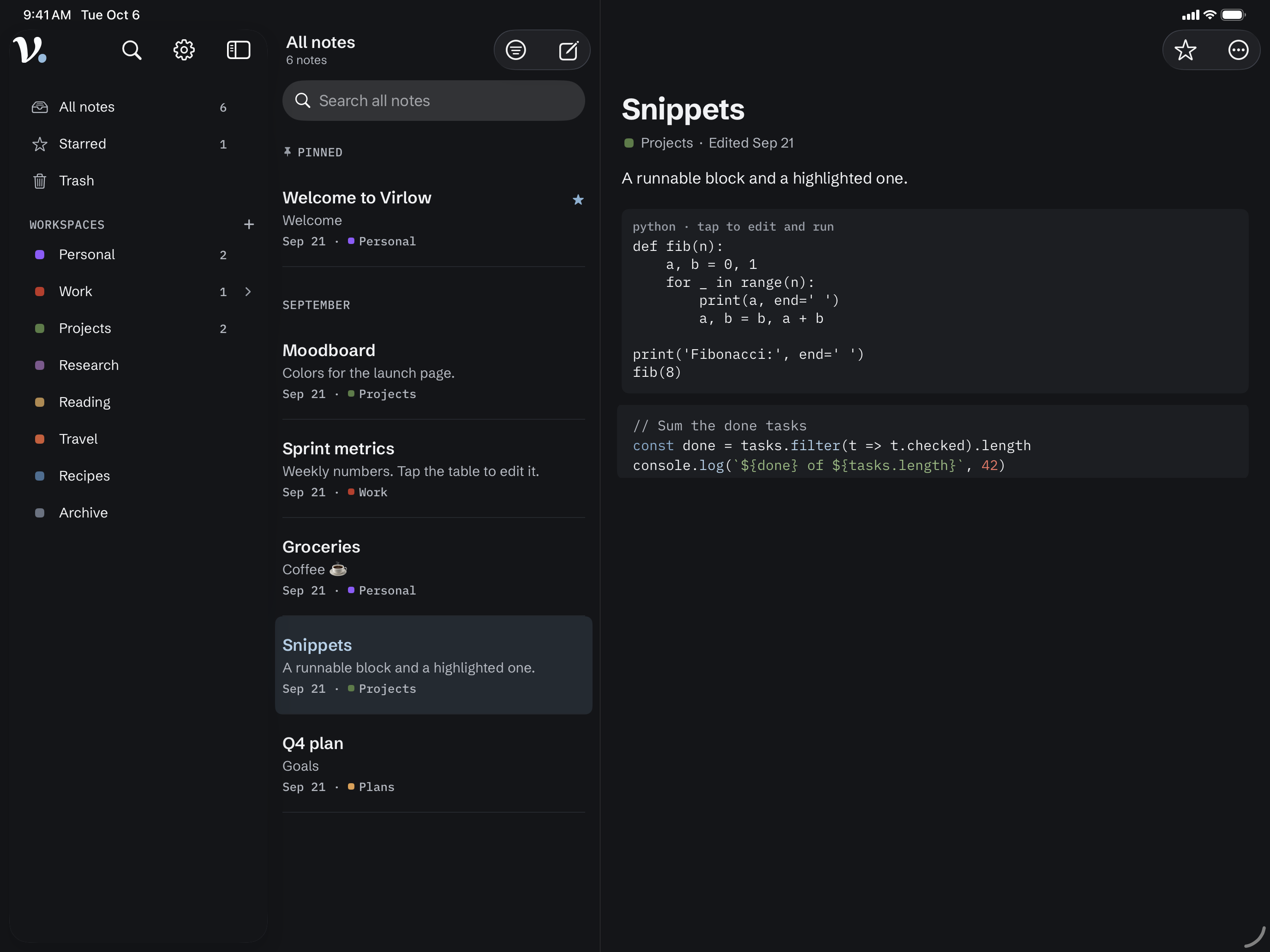 A note called Snippets on iPad, beside the workspaces and the note list: a Python block you can tap to edit and run, and a highlighted JavaScript block.