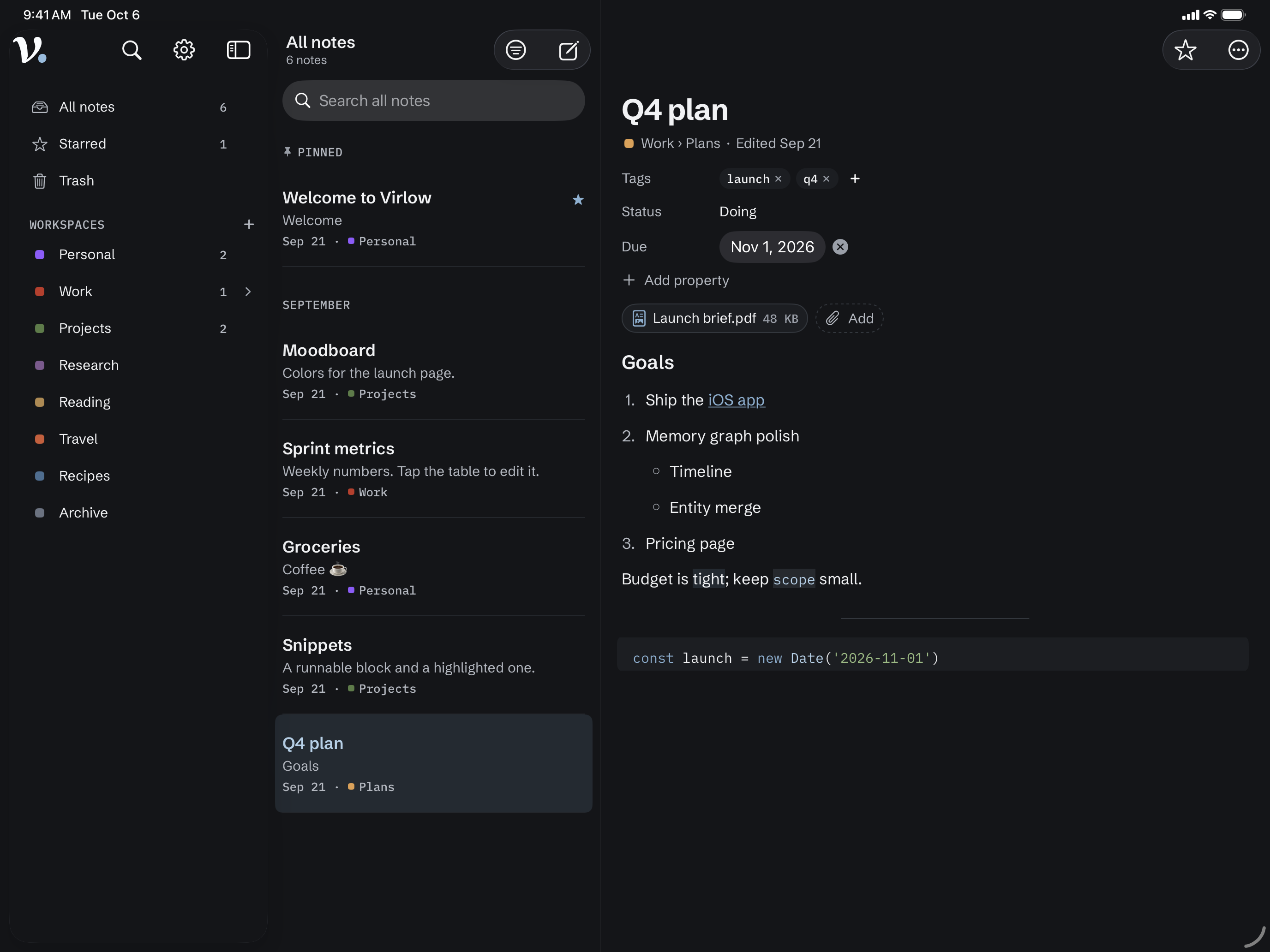 Virlow on iPad in landscape: the workspaces on the left, the All notes list in the middle, and a note called Q4 plan on the right with its tags, a status and a due date, an attached PDF, a numbered list with a nested list, and a line of code.