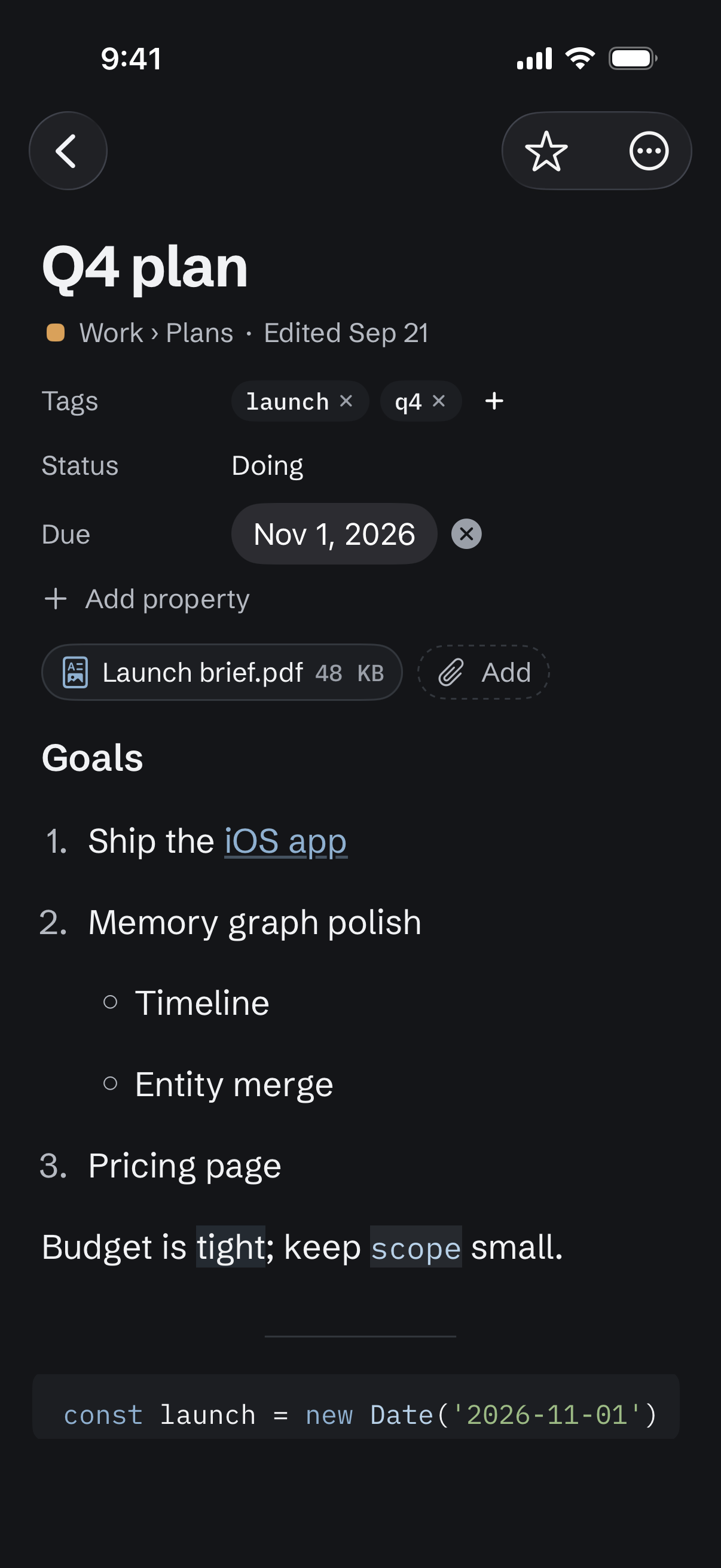 A note called Q4 plan on iPhone: its folder path, tags, a status and a due date, an attached PDF, a numbered list with a nested list and a link, and the start of a code block.