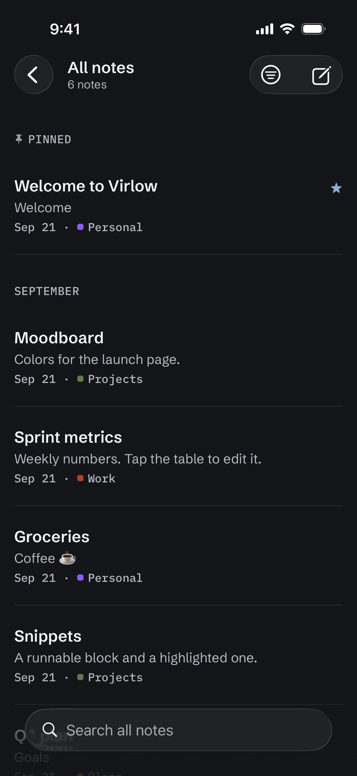 The All notes list on iPhone: a starred note pinned at the top, then notes from September with a title, a preview line, a date and a workspace for each, and a search field at the bottom.