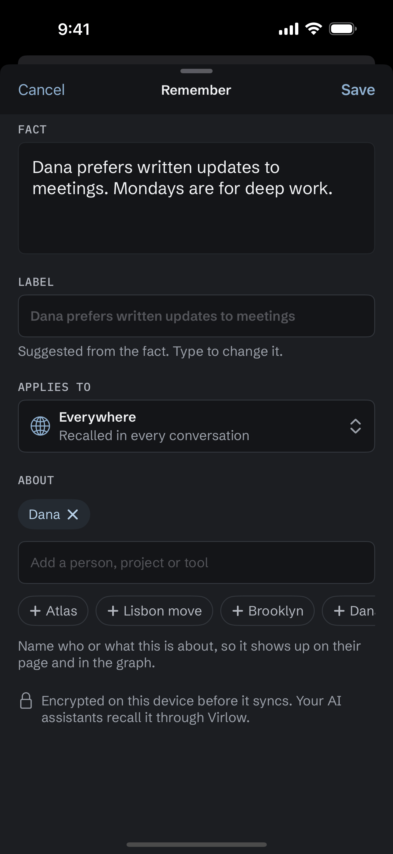 The Remember sheet on iPhone: the fact Dana prefers written updates to meetings, a suggested label, Applies to Everywhere, and Dana added as who it is about.