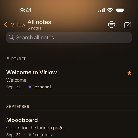 The top of the All notes list on iPhone in the Ember theme, with the Accent glow: the header takes the theme’s own accent color.