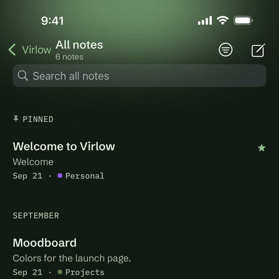 The top of the All notes list on iPhone in the Forest theme, with the Accent glow: the header takes the theme’s own accent color.