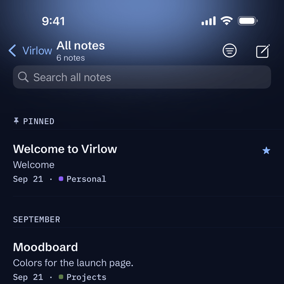 The top of the All notes list on iPhone in the Midnight theme, with the Accent glow: the header takes the theme’s own accent color.