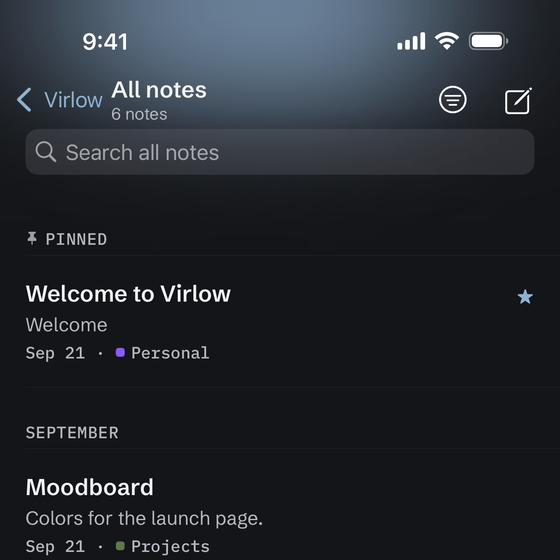 The top of the All notes list on iPhone in the Paper theme, with the Accent glow: the header takes the theme’s own accent color.