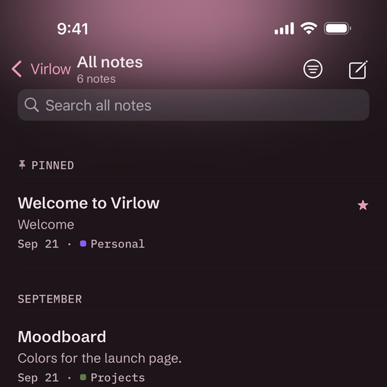 The top of the All notes list on iPhone in the Rosé theme, with the Accent glow: the header takes the theme’s own accent color.