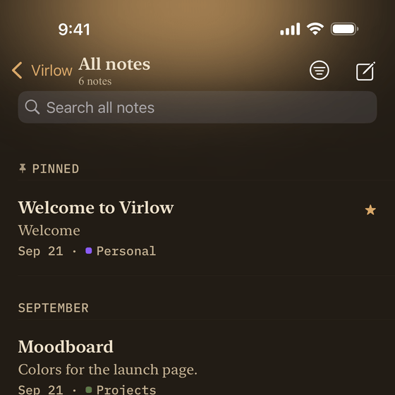 The top of the All notes list on iPhone in the Sepia theme, with the Accent glow: the header takes the theme’s own accent color.