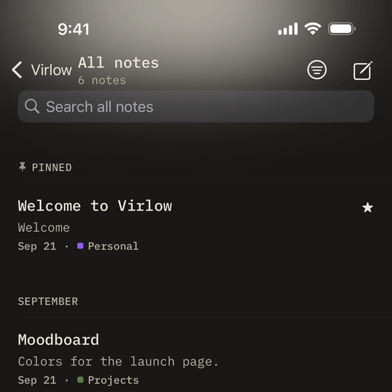 The top of the All notes list on iPhone in the Typewriter theme, with the Accent glow: the header takes the theme’s own accent color.