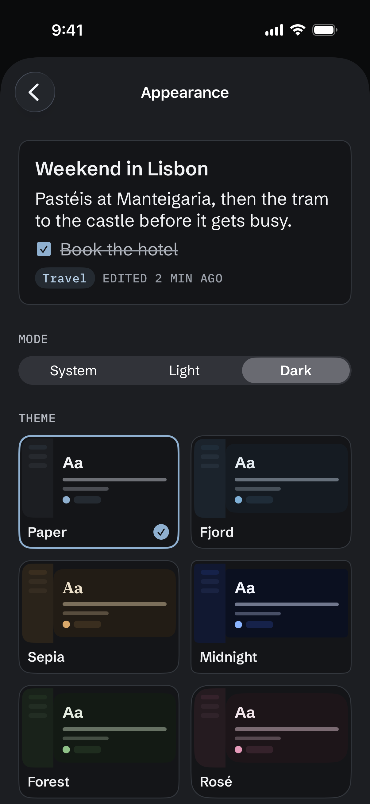 The Appearance screen on iPhone: a preview note, a choice of System, Light or Dark, and theme cards for Paper, Fjord, Sepia, Midnight, Forest and Rosé.