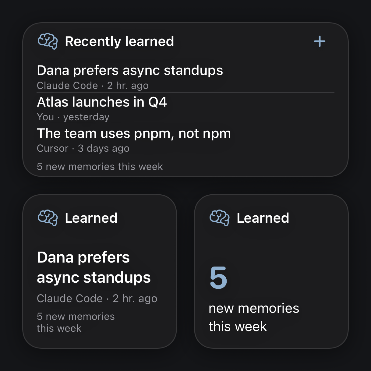 The Recently learned widget, medium and small: the latest memories with where they came from, and a small widget that only counts 5 new memories this week because note titles are off.