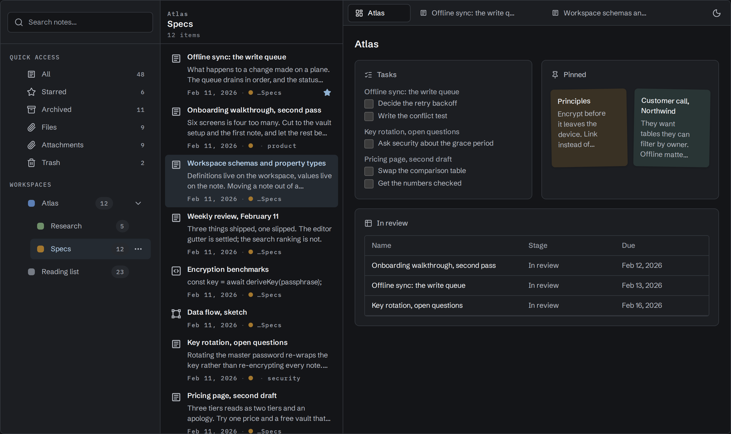 A Virlow workspace dashboard with open tasks grouped under the notes they came from, two notes pinned as sticky notes, and a table of the specs in review sorted by due date.