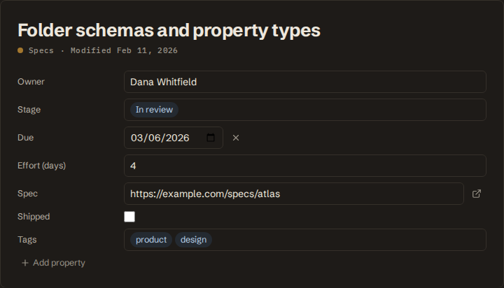 Atlas spec properties showing Owner, Stage set to In review, Due, Effort, Spec link, Shipped checkbox and Tags.