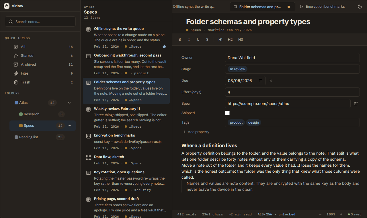 Virlow workspace with project folders, a note list, and a rich-text document open side by side.