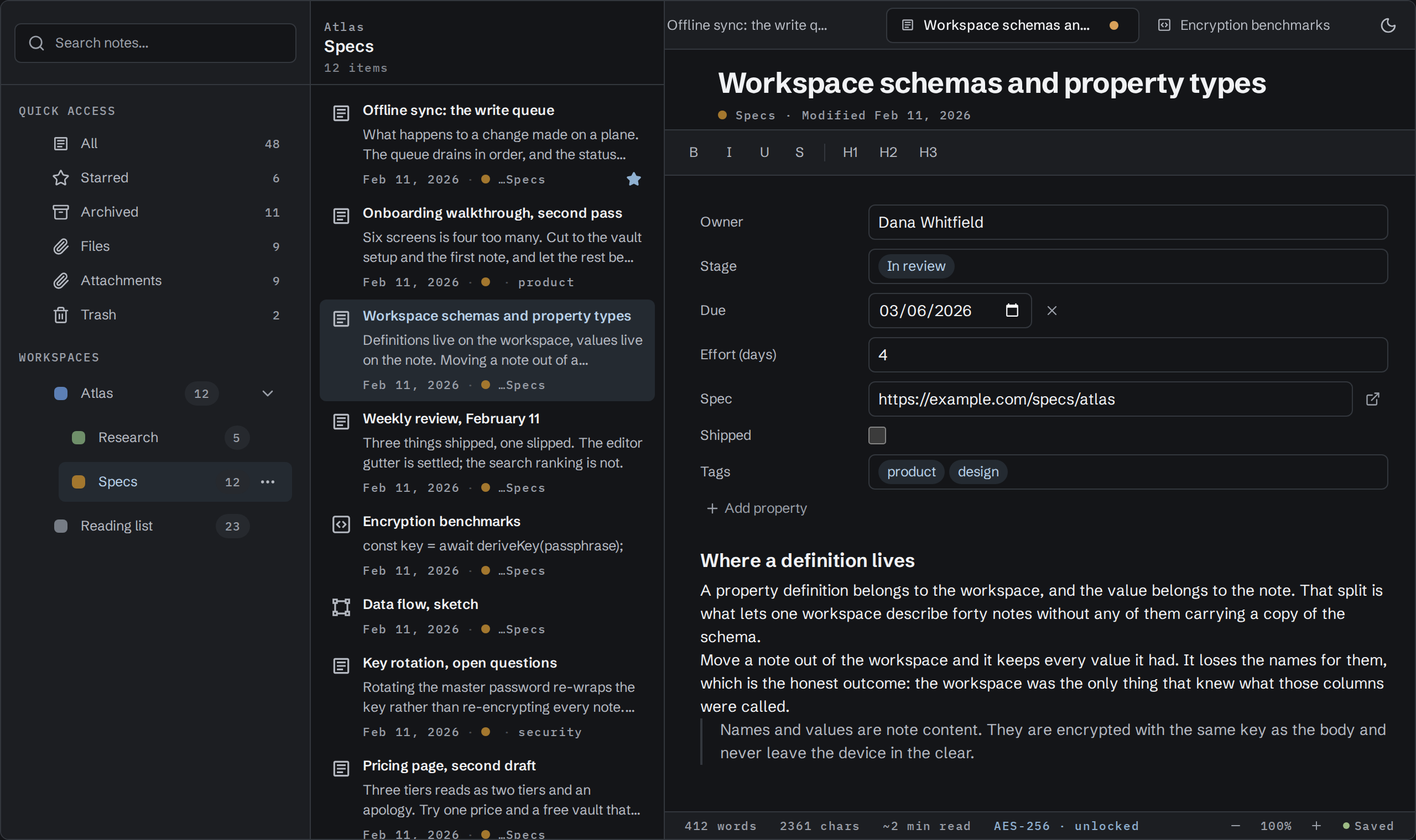Virlow with project workspaces, a note list, and a rich-text document open side by side.